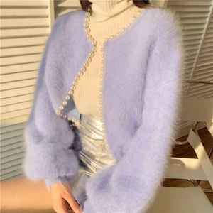 Lady Solid Faux Mohair Fur Cardigan Beads Sweater Jacket Coat Top Fluffy Outdoor - Picture 1 of 29
