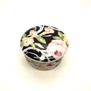Floral Trinket Box Round Lidded Porcelain Rose Black Pink Unbranded 3.25" - Picture 1 of 11