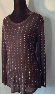 Vocal Womens Black Mesh Long-Sleeve Top With Studded Rhinestone Detailing SIZE M - Picture 1 of 5