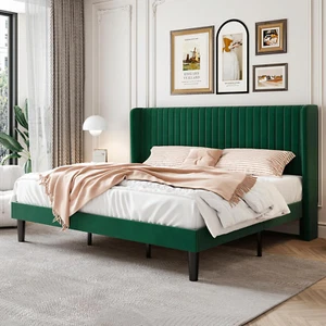 King Size Velvet Bed Frame with Vertical Channel Tufted Wingback Headboard, Upho - Picture 1 of 9