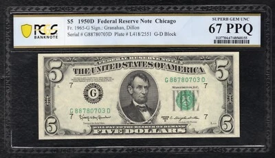 FR. 1965-G 1950-D $5 FRN CHICAGO, IL PCGS BANKNOTE SUPERB GEM UNCIRCULATED-67PPQ - Image 1 of 2