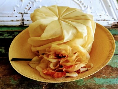 Vintage Mustard Big Flower Wide Brim Straw Hat With pleated Nylon - Image 1 of 4