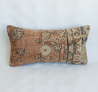 decorative lumbar rug pillow cover , handwoven wool boho pillow , 12x24 in - Image 1 of 4