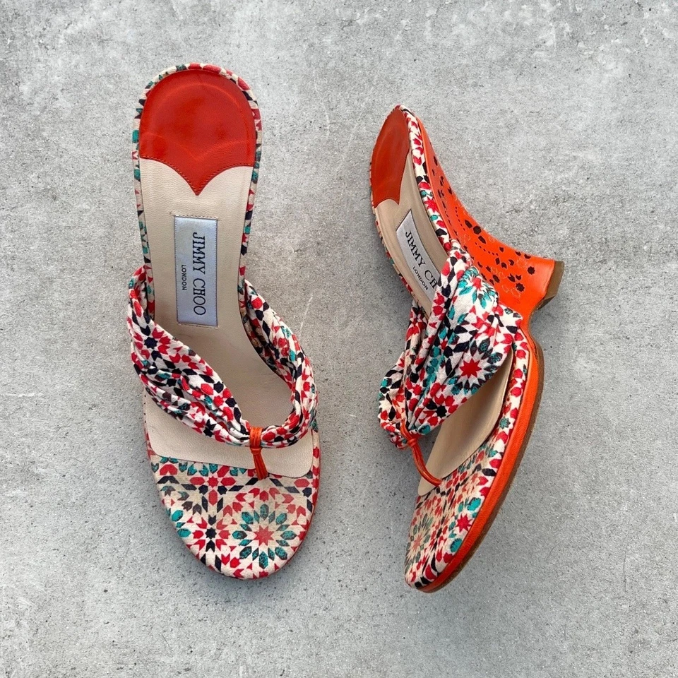 Jimmy Choo | Auténtico Tanga Cuña Vintage Patrón Floral Cuero Naranja (37.5) Foto 1 de 4