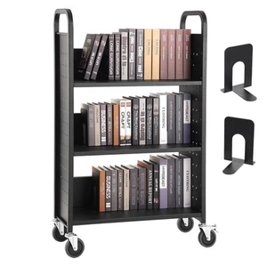 Book Cart Library Cart 330 lbs Capacity with L-Shaped Shelves in Black - Picture 1 of 12