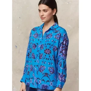 Gerard Darel Emile Floral Silk Button Up Blouse Turquoise FR 36 US 4 - Picture 1 of 9