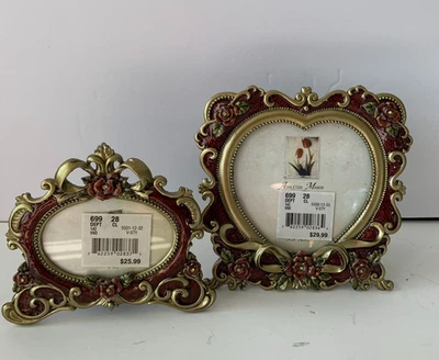 Ashleigh Manor Pewter Floral Heart and Oval Photo Red Frames News - Image 1 of 4