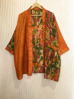 Jaqueta cardigã curta de seda pura quimono espanador capa roupão solto laranja KMS3719 - Imagem 1 de 4