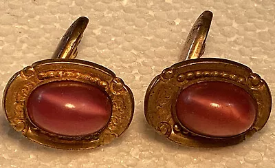 Antique Cufflinks 1920s Rose Color Faux Cats Eye Link Style Mens Retro Vintage - Image 1 of 4
