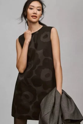 Marimekko Cotton Sateen Unikko Dress Anthropologie Siluetti Mini Black Sz 8 NEW - Image 1 of 4