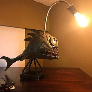 Anglerfish Metal Sculpture Art Home Decor LED Lighting Retro Style Lamp Desk - Picture 1 of 6