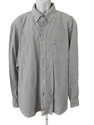 Nautica 男式 2XL XXL 蓝色白色条纹纽扣衬衫口袋长袖 — 第 1/4 张图片