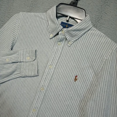 Ralph Lauren Shirt Womens Knit Oxford L Gray Hickory Stripe Flesh Pony Stretch - Image 1 of 4