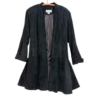 Ellen Tracy Black Suede Open Front Duster Y2K Cut Flare Hem Jacket Womens - Image 1 of 4