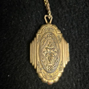 Antique Victorian Revival Locket Pendant Brass? Tone Necklace w Couple pictures - Picture 1 of 13