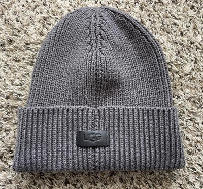 UGG Wide Cuff Rib Hat Beanie Gray Warm Winter Cap 均码羊毛混纺 — 第 1/4 张图片