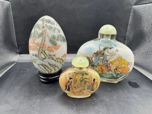 Antique SNUFF BOTTLE Reverse Inside-Painted Set Of 3 , Small Bottle Signed. - Picture 1 of 10