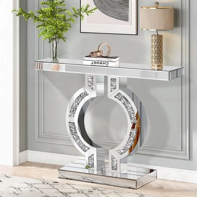 Mesa consola plateada espejada de 39,4"" de largo con incrustación de diamante triturado Foto 1 de 4