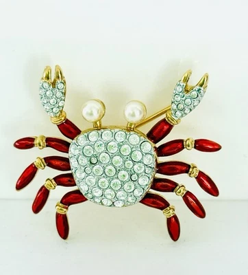 Swarovski Crystals Encrusted Crab Brooch Red Enamel Gold Tone Pin w/ Pearl Eyes - Image 1 of 4