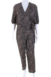 Joie Women's Short Sleeve Animal Print Wrap Jumpsuit Beige Black Size Medium
