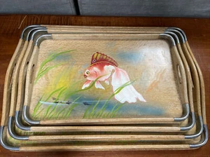 4 Vintage Japanese WOODEN Nesting Trays | Hand Painted | Goldfish Theme - Picture 1 of 14