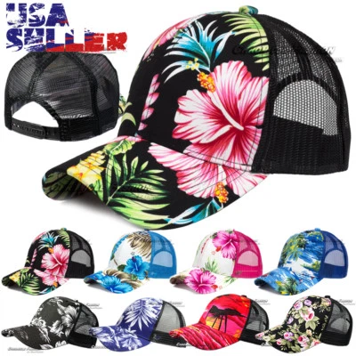 Trucker Hat Baseball Cap Men Hawaii Floral Snapback Adjustable Mesh Curved Bill - Image 1 of 4