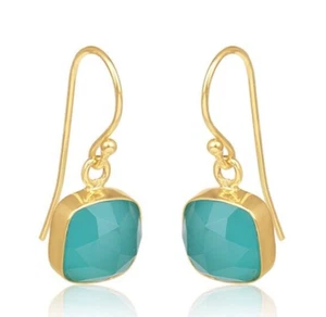 CUSHION Gemstone Long Hook Drop Earring Handmade Chalcedony Newyear Gift Jewelry - Picture 1 of 4