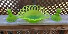 Large Vintage Westmoreland Green Glass Bowl Doric Lace + Two Candle Holders Rare