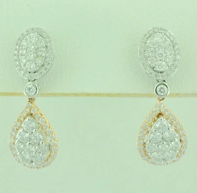 14k Solid White  Rose gold Natural Diamond dangling earring 1.02 ct cluster pear - Image 1 of 4