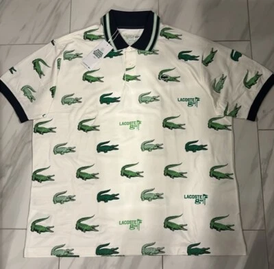 Lacoste Sport Men's All Over Croc Classic Fit Polo T-Shirt White Green New - Image 1 of 4