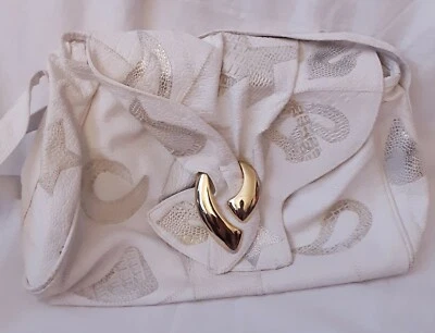 Vintage 1980's white leather patchwork Handbag shoulder purse metallic accents - Image 1 of 4