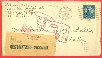 USA 5c Solo on EL PASO Texas cover to Italy Return Unusual AUXILIERY 1926 - Image 1 of 2