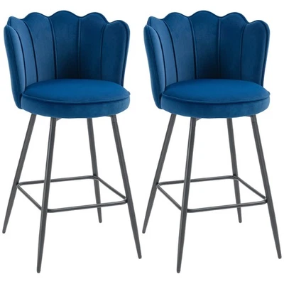 Bar Stools Set Velvet Lotus Back Upholstered Armless Dining Chairs Steel Blue - Image 1 of 4