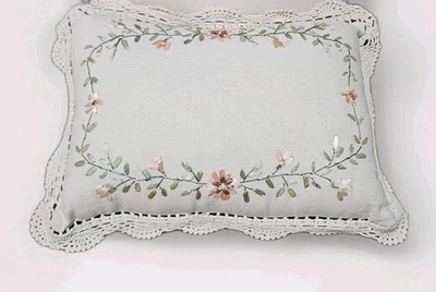 Vintage Shabby Chic Ribbon Embroidery Floral Pillow Crochet Lace Trim Romantic - Image 1 of 4