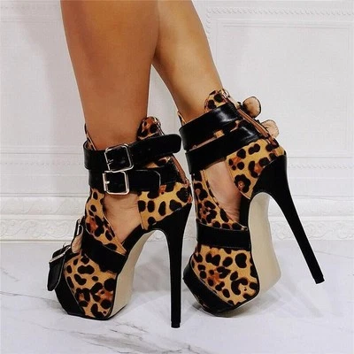Sexy Zapatos de vestir informales de club para mujer con patrón de leopardo y punta abierta Foto 1 de 4