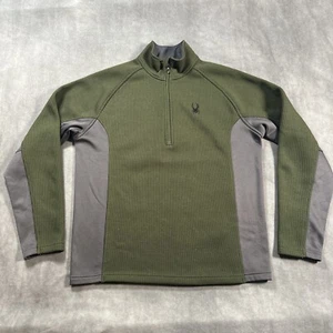 Spyder Jacket Mens Gray Olive Waffle Knit Fleece Half Zip Sweater Logo Medium - Picture 1 of 7