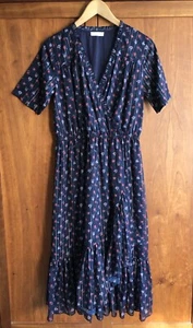 By Iris Floaty Floral/Striped Dress Size S Navy Blue Frill V-Neck SS Wrap Skirt - Picture 1 of 18