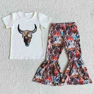 Girls Short Sleeve Bell Pants Set 2pcs Outfit Cow Head Print Western Cow Girl - Picture 1 of 1
