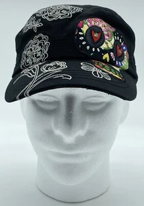 Karma Sugar Skull Embroidered Brigade Cap Floral Black One Size Elastic Back - Picture 1 of 7