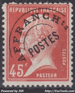 FRANCE : PREOBLITERE 45c ROUGE PASTEUR N° 67 NEUF * GOMME AVEC CHARNIERE - Picture 1 of 2