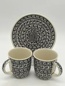 Boleslawiec Polish Pottery Black/Ivory Floral Design Desert Plate & 2 Mugs - Picture 1 of 4