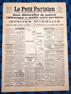 La Une Du Journal Le petit parisien 3 Août 1914 Allemagne Envahi Territoire - Foto 1 di 3