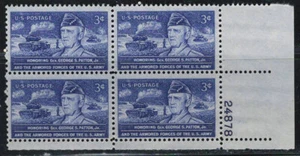 US 1953 Very Fine MNH Plate Block of 4 Stamps Scott # 1026 Gen. George S. Patton - Picture 1 of 2