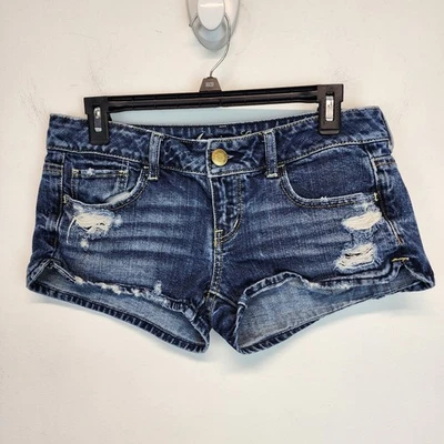 American Eagle Low Waist Micro Denim Shorts Size 4 Blue Distressed Ripped Y2K - Image 1 of 4