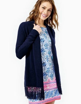 Cárdigan Lilly Pulitzer Para Mujer Azul Marino Tatum Flecos Crochet Abierto Talla XS Nuevo $118 Foto 1 de 4