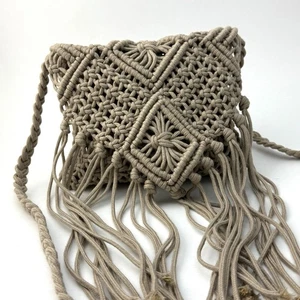 Handcrafted Khaki Colored Macramé Fringe Crossbody Boho Festival Purse - Picture 1 of 4