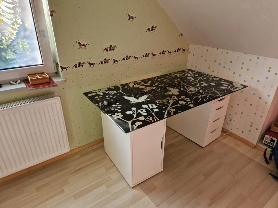 Schreibtisch Glasplatte Schwarz mit Schubladen und Schrank - Bild 1 von 4