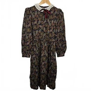 Vintage Alfred Sung Dress Girls 12Y Paisley Lace Collar Long Sleeve Cottagecore - Picture 1 of 8