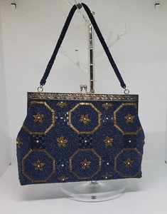 Gorgeous Vintage Hand Beaded Purse (Blues, Golds, Browns) Pls Read Desc... - Picture 1 of 11