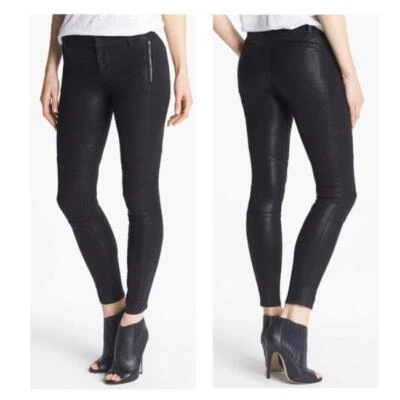 Pantalones de mezclilla ajustados para mujer $265 marca J negros lacados Tabitha tiro medio recubiertos moto 26 Foto 1 de 4